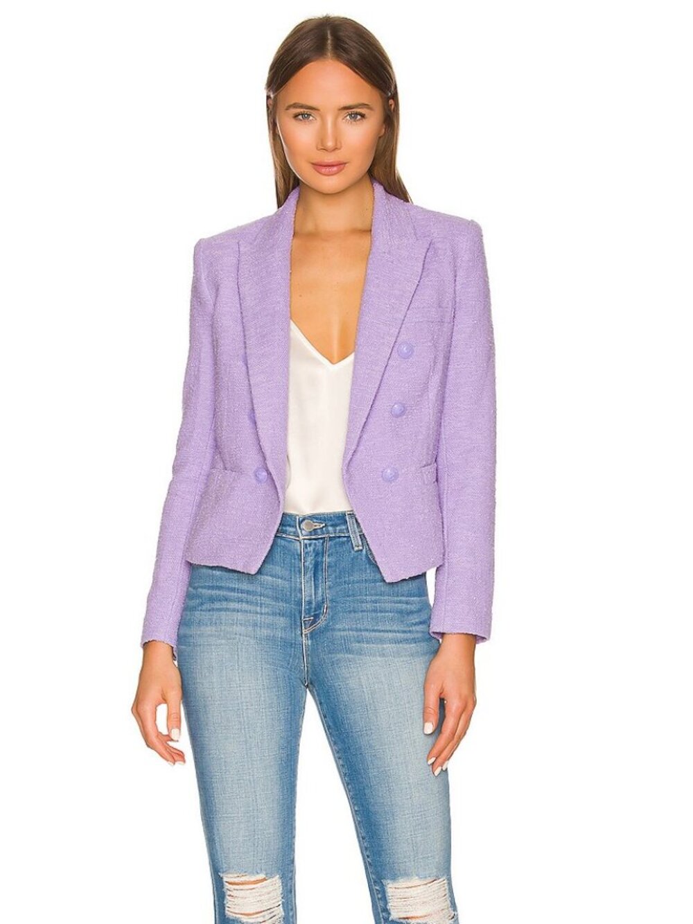 L'AGENCE Brooke Open-Front Tweed Blazer Wisteria Purple Size 2 - Picture 5 of 11
